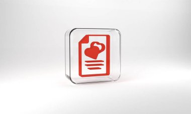 Red Marriage contract icon isolated on grey background. Wedding certificate. Glass square button. 3d illustration 3D render.