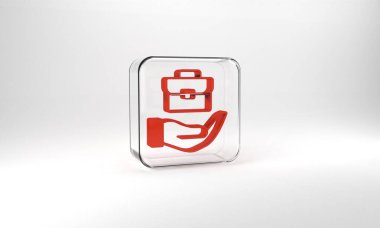 Red Hand holding briefcase icon isolated on grey background. Insurance concept. Security, safety, protection, protect concept. Glass square button. 3d illustration 3D render.