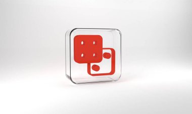 Red Game dice icon isolated on grey background. Casino gambling. Glass square button. 3d illustration 3D render.