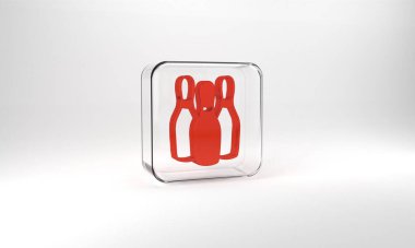 Red Bowling pin icon isolated on grey background. Juggling clubs, circus skittles. Glass square button. 3d illustration 3D render.
