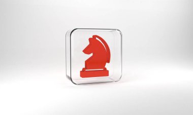 Red Chess icon isolated on grey background. Business strategy. Game, management, finance. Glass square button. 3d illustration 3D render.