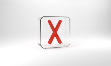 Red Crossed billiard cues icon isolated on grey background. Glass square button. 3d illustration 3D render.