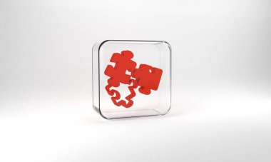 Red Puzzle pieces toy icon isolated on grey background. Glass square button. 3d illustration 3D render.