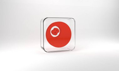 Red Billiard pool snooker ball with number 8 icon isolated on grey background. Glass square button. 3d illustration 3D render.