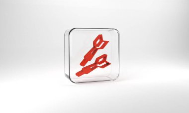 Red Dart arrow icon isolated on grey background. Glass square button. 3d illustration 3D render.
