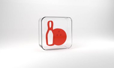 Red Bowling pin and ball icon isolated on grey background. Sport equipment. Glass square button. 3d illustration 3D render.