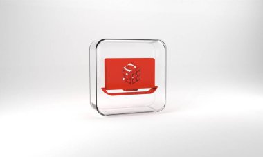 Red Game dice icon isolated on grey background. Casino gambling. Glass square button. 3d illustration 3D render.