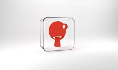 Red Racket for playing table tennis icon isolated on grey background. Glass square button. 3d illustration 3D render.