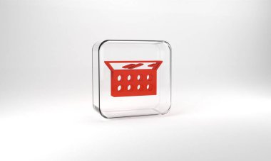 Red Makeup powder with mirror icon isolated on grey background. Glass square button. 3d illustration 3D render.
