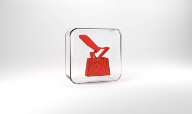Red Wooden axe in stump icon isolated on grey background. Lumberjack axe. Axe stuck in wood. Chopping wood. Glass square button. 3d illustration 3D render.