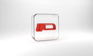Red Hacksaw icon isolated on grey background. Metal saw for wood and metal. Glass square button. 3d illustration 3D render.