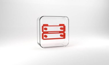 Red Wooden box icon isolated on grey background. Grocery basket, storehouse crate. Empty wooden container for vegetables, products. Glass square button. 3d illustration 3D render.