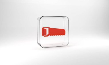 Red Hand saw icon isolated on grey background. Glass square button. 3d illustration 3D render.