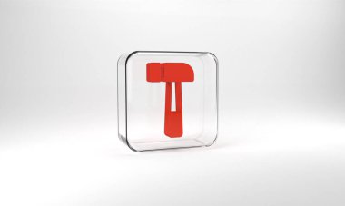 Red Hammer icon isolated on grey background. Tool for repair. Glass square button. 3d illustration 3D render.