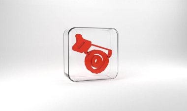 Red Hand saw and log icon isolated on grey background. Glass square button. 3d illustration 3D render.