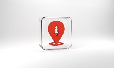 Red Location of the forest on a map icon isolated on grey background. Glass square button. 3d illustration 3D render.
