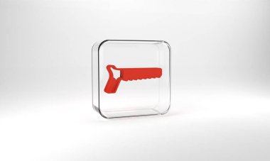 Red Hand saw icon isolated on grey background. Glass square button. 3d illustration 3D render.
