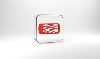 Red Wooden log icon isolated on grey background. Stack of firewood. Glass square button. 3d illustration 3D render.