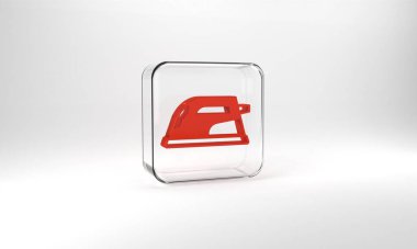 Red Electric iron icon isolated on grey background. Steam iron. Glass square button. 3d illustration 3D render.