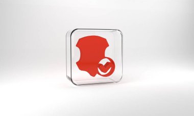 Red Leather icon isolated on grey background. Glass square button. 3d illustration 3D render.
