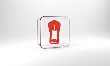 Red Zipper icon isolated on grey background. Glass square button. 3d illustration 3D render.