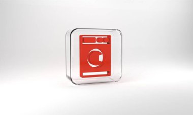 Red Washer icon isolated on grey background. Washing machine icon. Clothes washer - laundry machine. Home appliance symbol. Glass square button. 3d illustration 3D render.