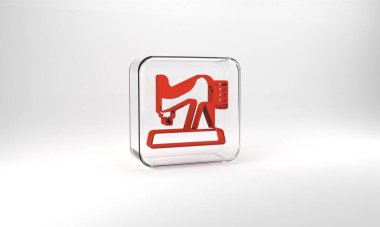 Red Sewing machine icon isolated on grey background. Glass square button. 3d illustration 3D render.