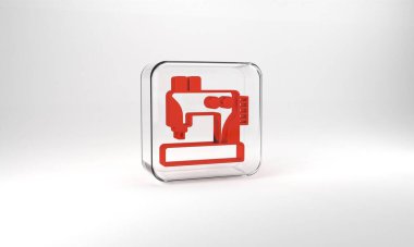 Red Sewing machine icon isolated on grey background. Glass square button. 3d illustration 3D render.