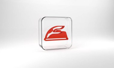 Red Electric iron icon isolated on grey background. Steam iron. Glass square button. 3d illustration 3D render.