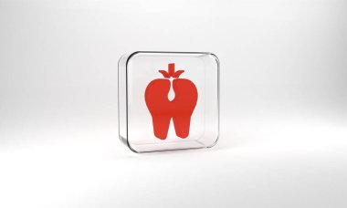 Red Broken tooth icon isolated on grey background. Dental problem icon. Dental care symbol. Glass square button. 3d illustration 3D render.