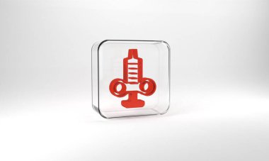 Red Syringe icon isolated on grey background. Syringe for vaccine, vaccination, injection, flu shot. Medical equipment. Glass square button. 3d illustration 3D render.