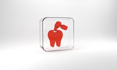 Red Tooth with caries and tooth drill icon isolated on grey background. Tooth decay. Glass square button. 3d illustration 3D render.