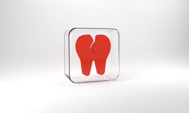 Red Broken tooth icon isolated on grey background. Dental problem icon. Dental care symbol. Glass square button. 3d illustration 3D render.