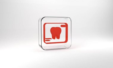 Red X-ray of tooth icon isolated on grey background. Dental x-ray. Radiology image. Glass square button. 3d illustration 3D render.