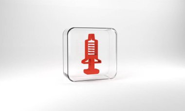 Red Syringe icon isolated on grey background. Syringe for vaccine, vaccination, injection, flu shot. Medical equipment. Glass square button. 3d illustration 3D render.