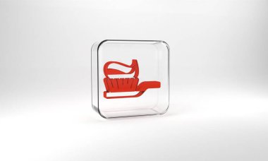 Red Toothbrush with toothpaste icon isolated on grey background. Glass square button. 3d illustration 3D render.