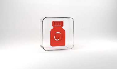 Red Toothache painkiller tablet icon isolated on grey background. Tooth care medicine. Capsule pill and drug. Pharmacy design. Glass square button. 3d illustration 3D render.