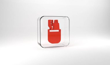 Red Toothbrush and tube of toothpaste icon isolated on grey background. Disposable bathroom supplies. Glass square button. 3d illustration 3D render.