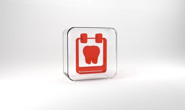 Red Calendar with tooth icon isolated on grey background. International Dentist Day, March 6. March holiday calendar. Glass square button. 3d illustration 3D render.