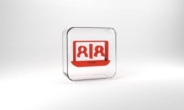 Red Video chat conference icon isolated on grey background. Online meeting work form home. Remote project management. Glass square button. 3d illustration 3D render.