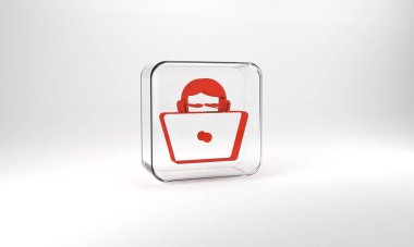 Red Freelancer icon isolated on grey background. Freelancer man working on laptop at his house. Online working, distant job concept. Glass square button. 3d illustration 3D render.