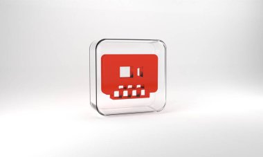 Red Video chat conference icon isolated on grey background. Online meeting work form home. Remote project management. Glass square button. 3d illustration 3D render.