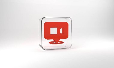 Red Video chat conference icon isolated on grey background. Online meeting work form home. Remote project management. Glass square button. 3d illustration 3D render.