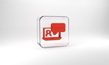 Red Video chat conference icon isolated on grey background. Online meeting work form home. Remote project management. Glass square button. 3d illustration 3D render.
