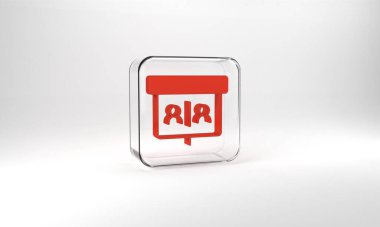 Red Video chat conference icon isolated on grey background. Online meeting work form home. Remote project management. Glass square button. 3d illustration 3D render.