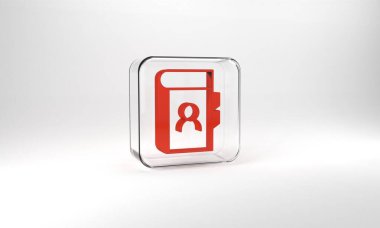 Red Phone book icon isolated on grey background. Address book. Telephone directory. Glass square button. 3d illustration 3D render.