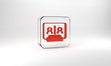 Red Video chat conference icon isolated on grey background. Online meeting work form home. Remote project management. Glass square button. 3d illustration 3D render.