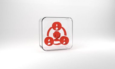 Red Meeting icon isolated on grey background. Business team meeting, discussion concept, analysis, content strategy. Presentation conference. Glass square button. 3d illustration 3D render.