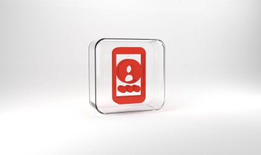 Red Video chat conference icon isolated on grey background. Online meeting work form home. Remote project management. Glass square button. 3d illustration 3D render.