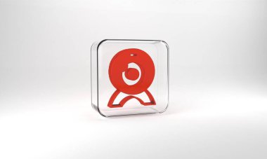 Red Web camera icon isolated on grey background. Chat camera. Webcam icon. Glass square button. 3d illustration 3D render.